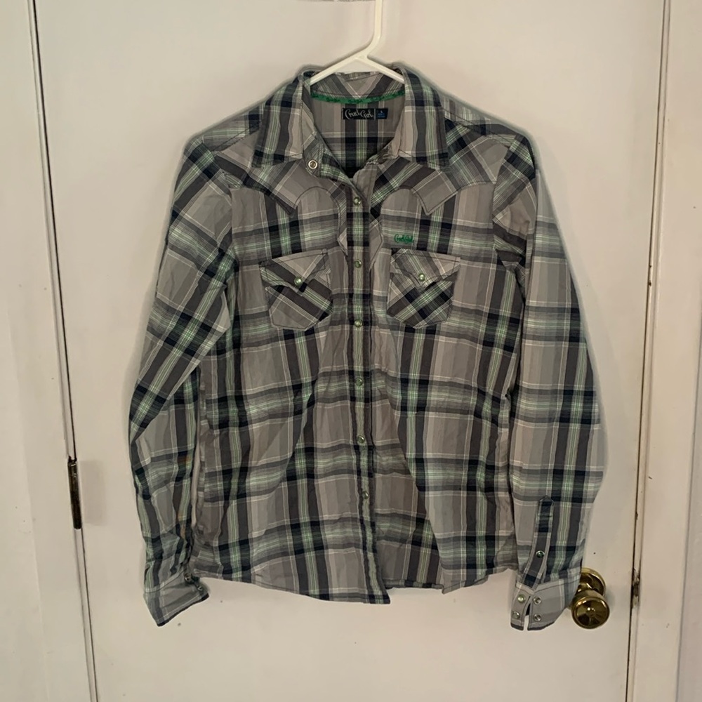 Cruel Girl grey green plaid long sleeve western button down shirt Size Large